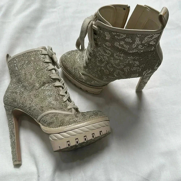 EUC GIANNI BINI HALLAND GLITZY EMBELLISHED LEOPARD PLATFORM HEELED BOOTIES - Picture 9 of 13